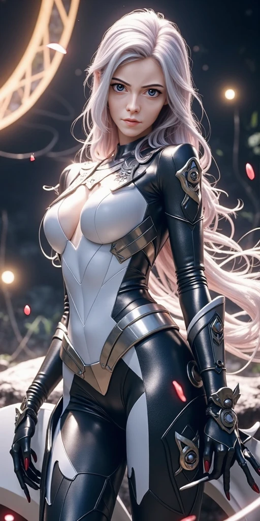 (masterpiece), best quality, expressive eyes, perfect face, beautiful details face, beautiful round eyes, full body, A beautiful mature woman in cyber armour suit shows her Extremely busty and attractive breasts, (arrogant face), (platinum pink hair), (high ponytail, expressive hair, shiny hair, glowing hair, multicolored hair, gradient hair, colored inner hair, straight hair, medium long hair), fair skin, (beautiful detailed full bodysuit:1.3), (full body cyber armour), glowing and shining armour, silver and pink cyber armour, (Edge lights:1.3), (silver and pink colour scheme:1.3), neon light on armor, beautiful details eyes, (pink eyes:1.3), (glowing eyes:1.2), (Gigantic saggy breasts:1.5), tight breasts, thick body, (well accentuated curves), pink lips, (silver nails), mascara, Long eyelashes, eyeliners, (Extremely wide well defined hips:1.3), (beautiful massive thick thighs:1.3), slender figure, (Extremely detailed skin texture:1.2), beautiful detailed realistic muscle definition, golden lights that shimmer, high detailed eyes, ultra-high quality model, proportionate, intense colouration fantasy, (background fantasy floating cyber city), pink and gold tetradic colours, random poses, earrings, (1girl), solo, shine