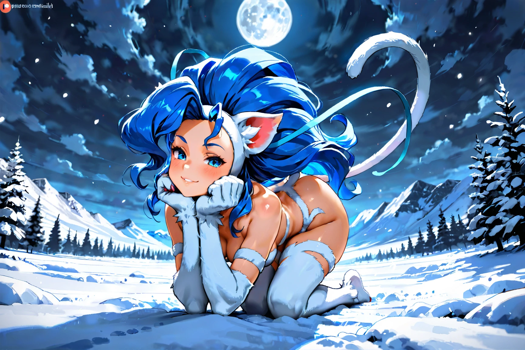Generate a captivating digital artwork featuring Felicia from Darkstalkers as the central character, set in a tranquil nighttime scene. Place Felicia in the foreground, illuminated by the moon's soft glow. In the middle ground, depict an intricate agrarian landscape, including rustic farmhouses, fields, and winding paths. In the far distance, illustrate snow-covered mountains that stand under the moonlight. Ensure that the moon's reflection shimmers on the distant rice paddies, creating a harmonious and dreamy composition.