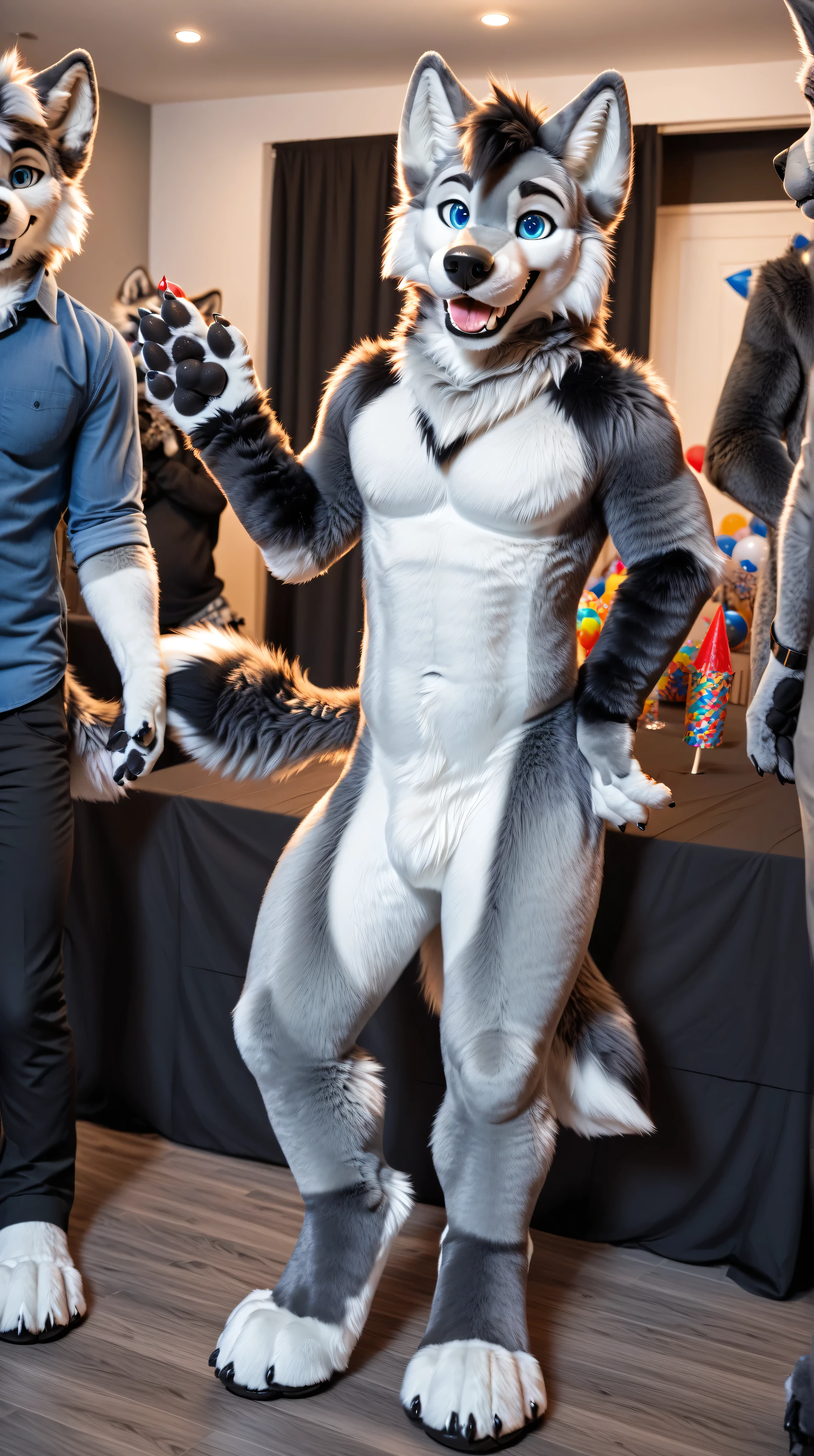 full body, fursuit, male, grey, grey limbs wolf, blue eyes, party