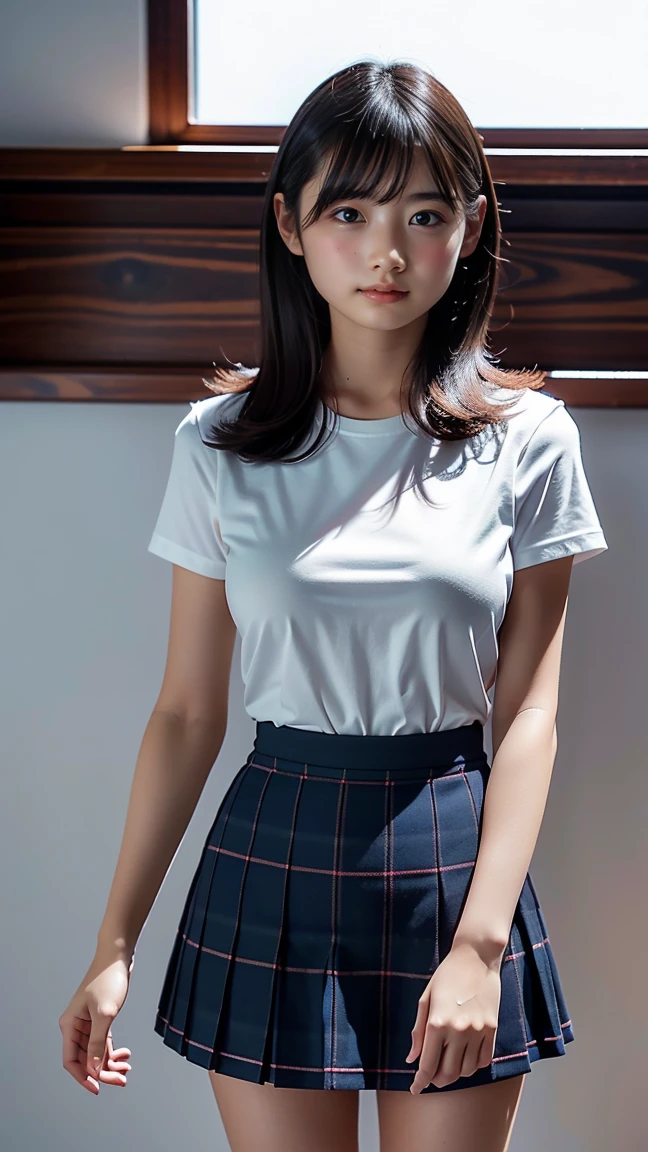 (8k、Raw photo、highest quality、masterpiece:1.2)、(Realistic、Photorealistic:1.37)、Ultra-detailed、1 girl、((Beautifully detailed face、The golden ratio is oriented left and right、Balanced Eyes、double eyelid,Lip gloss))、Beautifully detailed skin、Skin Texture、A very beautiful 16 year old girl, school girl, Japanese 、Smile、View Photographer、Black Pantyhose, classroom, big breast, t shirt and short skirt
