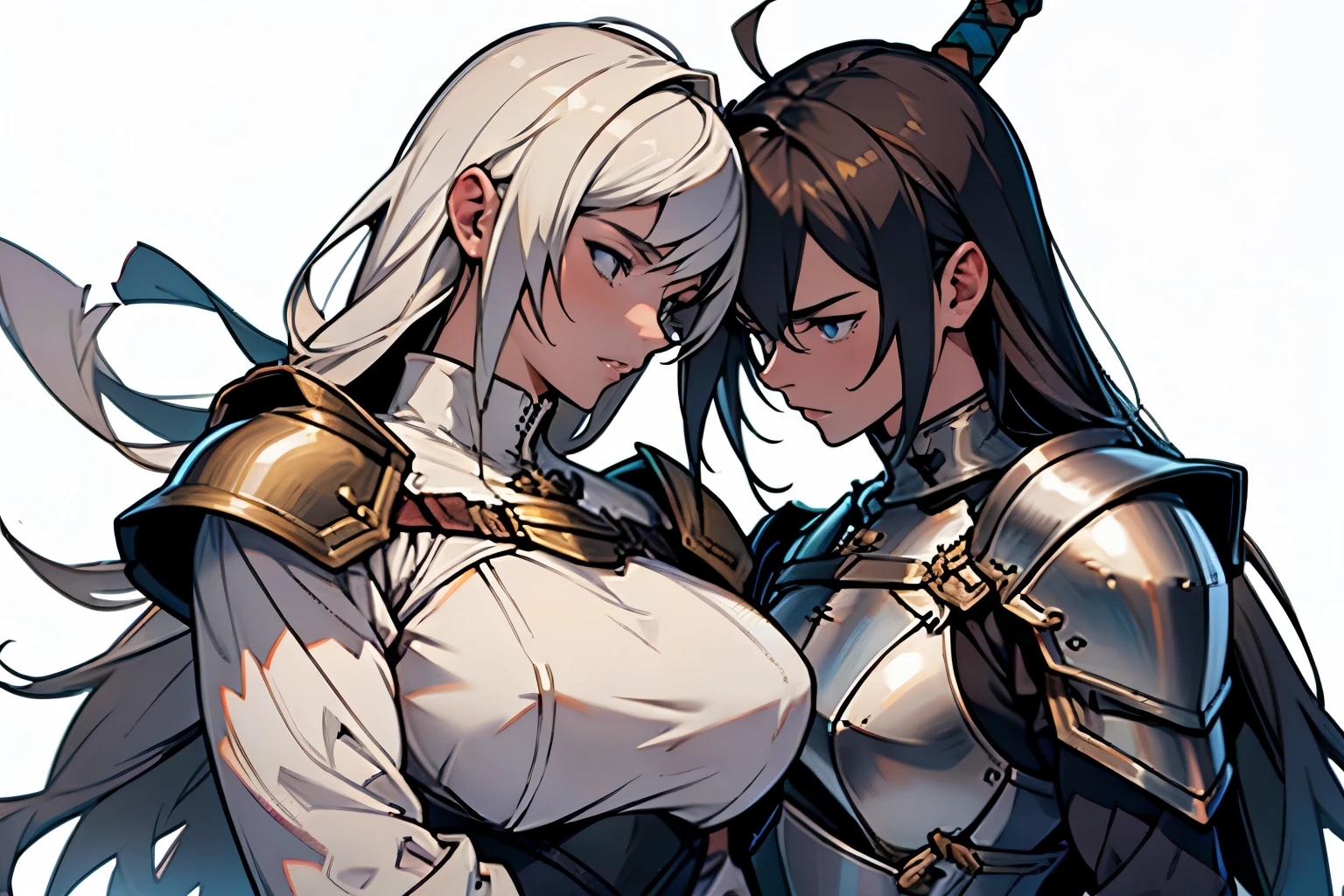 A group of female knight, (White background), Mr.々Hair style, Wearing armor, metal armor, Detailed aspect, Taunt, sword, No sleeve
