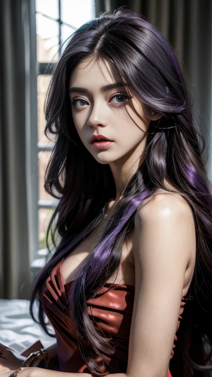 Woman in black dress,white skinned,Beautiful neckline,Purple colored hair,Smooth neck line,with fair skin,Beautiful and generous,Redlip