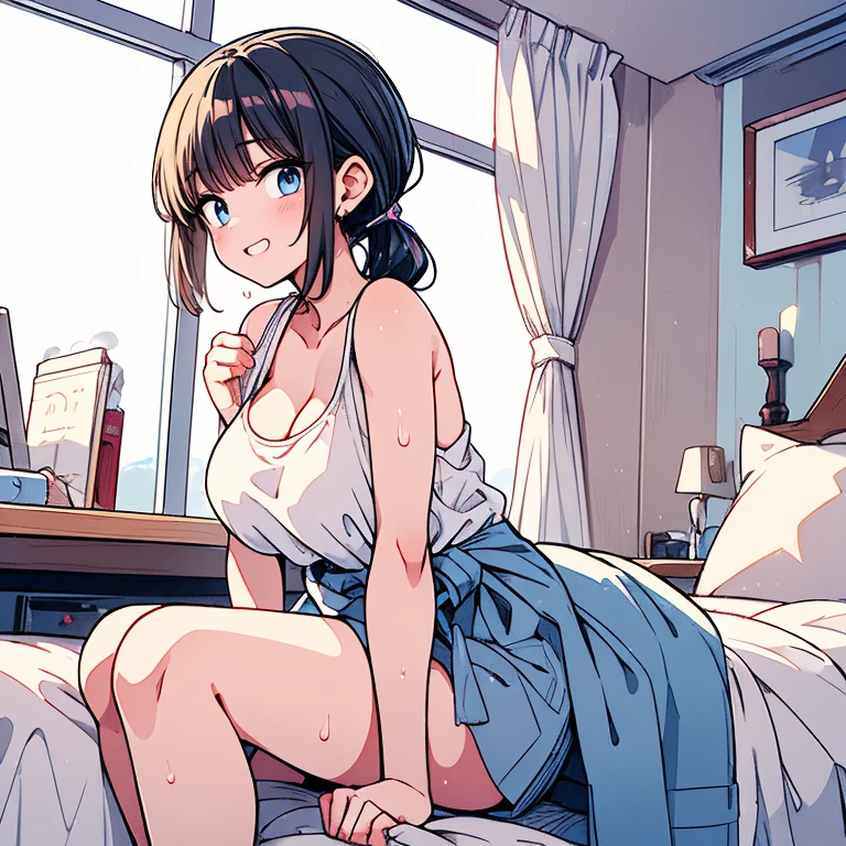 Cool beauty,Looks sweet,bob hairstyle, (wearing white transparent t-shirt, off-shoulders), show clavage, show big thigh, huge breast, full body photo, sitting on the bed. Dark background.