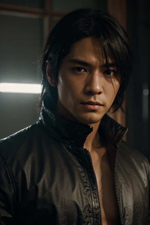 a young Japanese man of eighteen years of age with a razualvemte full physique, have fair skin, His eyes are blue and his hair is copper with a fringe covering part of his eye on the left side., one eye covered by bangs, the young man is six feet tall and two centimeters tall. captured in an ultra-realistic full HD 4K portrait, detailed texture showing its menacing shape, Immersive atmosphere, high definition shadow play, digitalpainting, nevoa no environment.