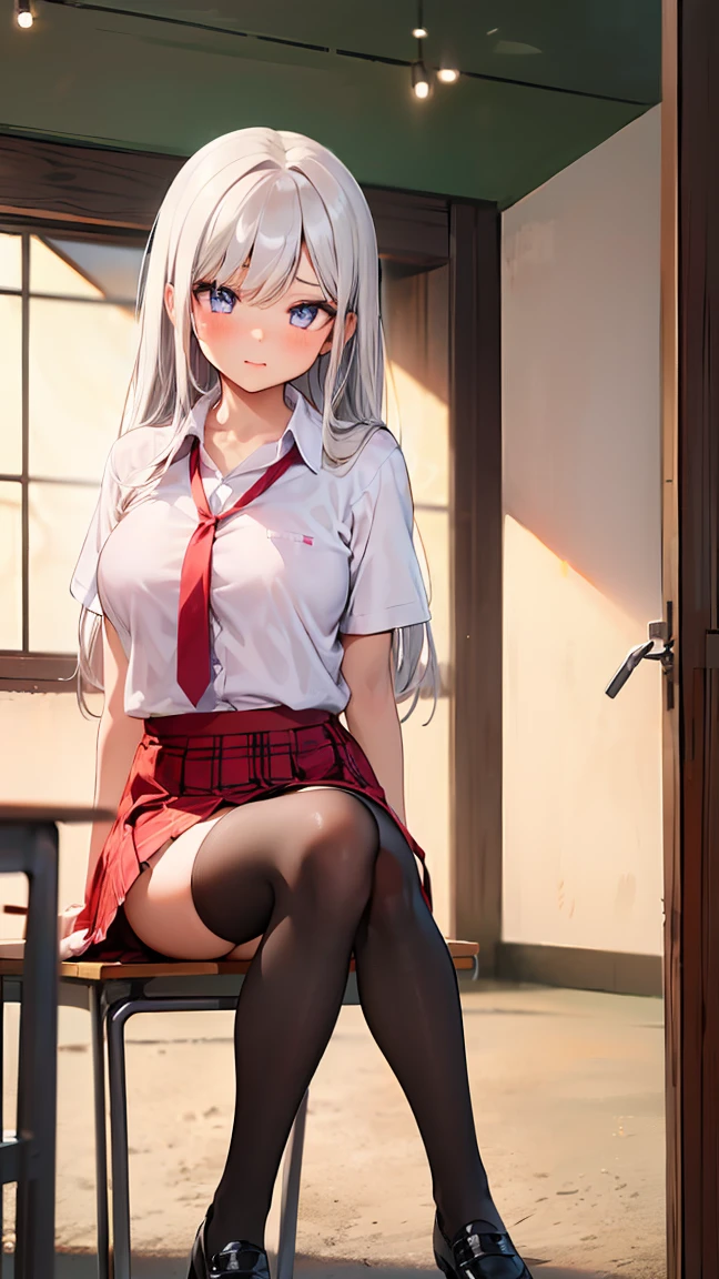 Top quality masterpiece, Anchorage V4, One girl, alone, View your viewers, skirt, shirt, Knee socks, ribbon, Sitting, , hair ribbon, white shirt, tie, shoes, white Knee socks, Official Alternative Costumes, Sleeves are longer than the wrist, red skirt, cardigan, machine, classroom, blackboard, uwabaki, on machine,Sexy teenage girl,