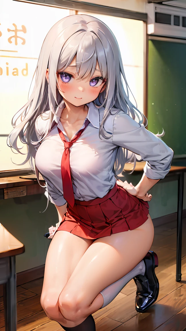 High school girl with silver hair ponytail、Green plaid skirt、white blouse and green tie、white stockings、White garter belt、5-Fingers、Ecstatic look、red blush、no panties,no bra,pussy juice,pussy,vagina、touch the clitoris、(pussy juice)、toilet room、(Open your crotch)、fullnude、red-lips、(dildo)