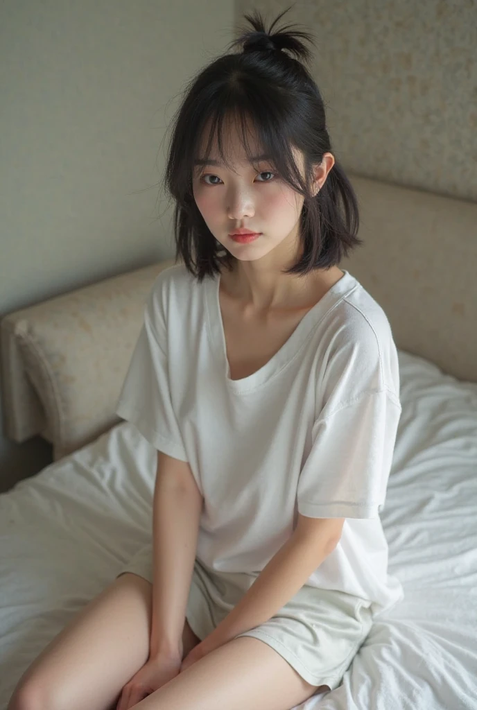 Highest quality、masterpiece、Ultra-high resolution、(Realism:1.4)、1 girl、In a pale background、Deep Shadow、Low Key、Shortcuts、Upper Body、sex appeal、Wearing a T-shirt、Clothes are not see-through