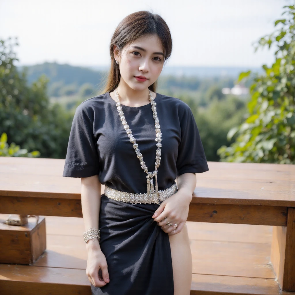 Araki woman in a golden dress holding a leaf in front of a tree, Bandeau Dress, Anime Thai girl, photo of slim girl, height of 165cm, xintong chen, shaxi, A young Asian woman, wenfei ye, nivanh chanthara, 155 cm tall, Beautiful Asian girl, Lovely woman