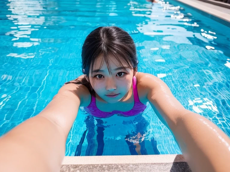 (highest quality, 8K, masterpiece: 1.3), Cute girl with perfect body shape: 1.4, (high school student, s), black hair, (dull bangs:1.2), (school swimwear, regulation blue one piece swimsuit), to the pool, School Pool Lessons, highly detailed face and skin, fine eyes, double eyelid, small breasts, smile,open your legs