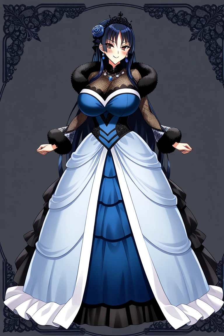 masterpiece, best quality, absurdres, 1girl hwolfie , [ballgown|edgmarquise], edgmarquise, wearing a ballgown, looking at viewer, bare shoulders, breasts, dress, earrings, jewelry, pearl necklace, solo, contrapposto, standing, hand on own hip, angry frown fangs out indoors smile, full body, corsept