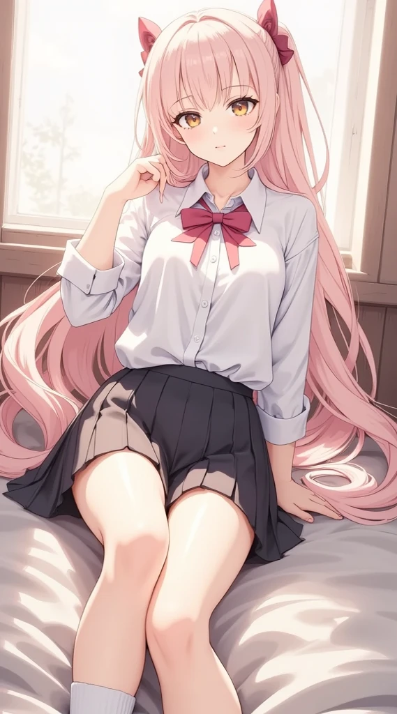 beautiful illustration、top-quality、Cute little girl s、bedroom、A pink-haired、happiness、pink miniskirt、White blouses、Two-side-up、on the beds、Lying down、lovely thighs、glowing thigh、blue eyess、Flipping up the skirt with your hands、Show white panties、Pull up your skirt and show your panties、