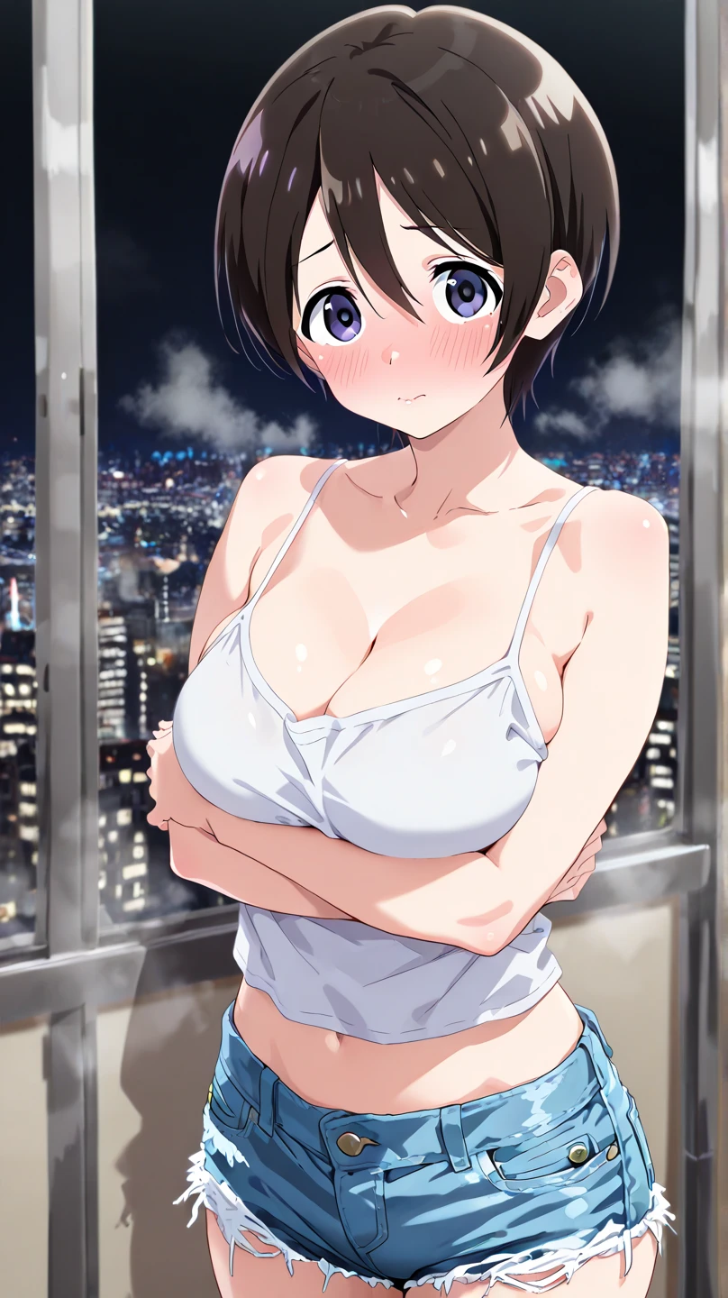 Anime girl with extra large breasts posing in front of the window, ((A large amount of soft fat accumulates in the chest, causing the chest to open wide.)), ((Upper body)), ((focusing on people)), ((((best smile)))), seductive anime girl, best anime 16k wallpaper, A neat girl with perfect medium one-length bob cut braids, A girl with an attractive realistic texture that will make viewers fall in love with her enchanting body., 16K Anime Wallpapers, 16k manga wallpaper,, Super detailed digital anime art, anime best girl, Detailed and accurate body depiction based on perfect anatomy、Anime girl recreating the performance of an erotic novel drama, detailed anime artwork, beautiful and attractive anime woman