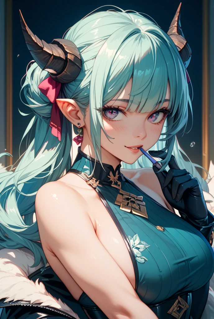 rannou75, 1girl, adult, 21 years old, mature female, solo, long hair, breasts, looking at viewer, facing viewer, bangs, blue eyes, hair ornament, cleavage, bare shoulders, twintails, medium breasts, very long hair,  tail, hair ribbon, flower, green hair, horns, pointy ears, indoors, hair flower, off shoulder, window, leaning forward, low twintails, dragon horns, dragon girl, dragon tail
<lora:rannou75_v01-10_ironbook [rannou75] [simlpe background, caustics] (style):1>