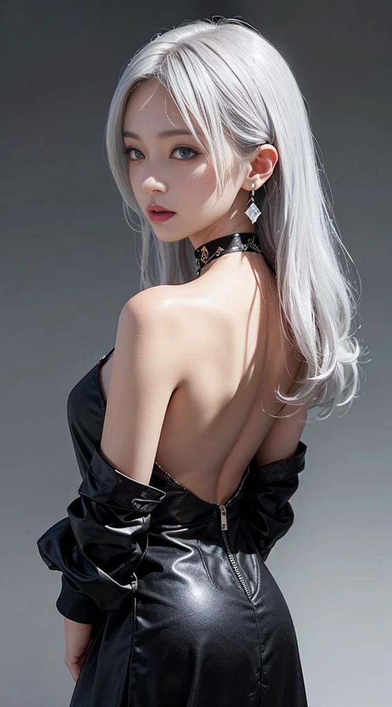 Natural white hair,OK,Beautiful woman with perfect body：1.4，obvious cleavage， White strapless underwear，Highly detailed facial and skin textures，double eyelids，bronze skin，collar,lie