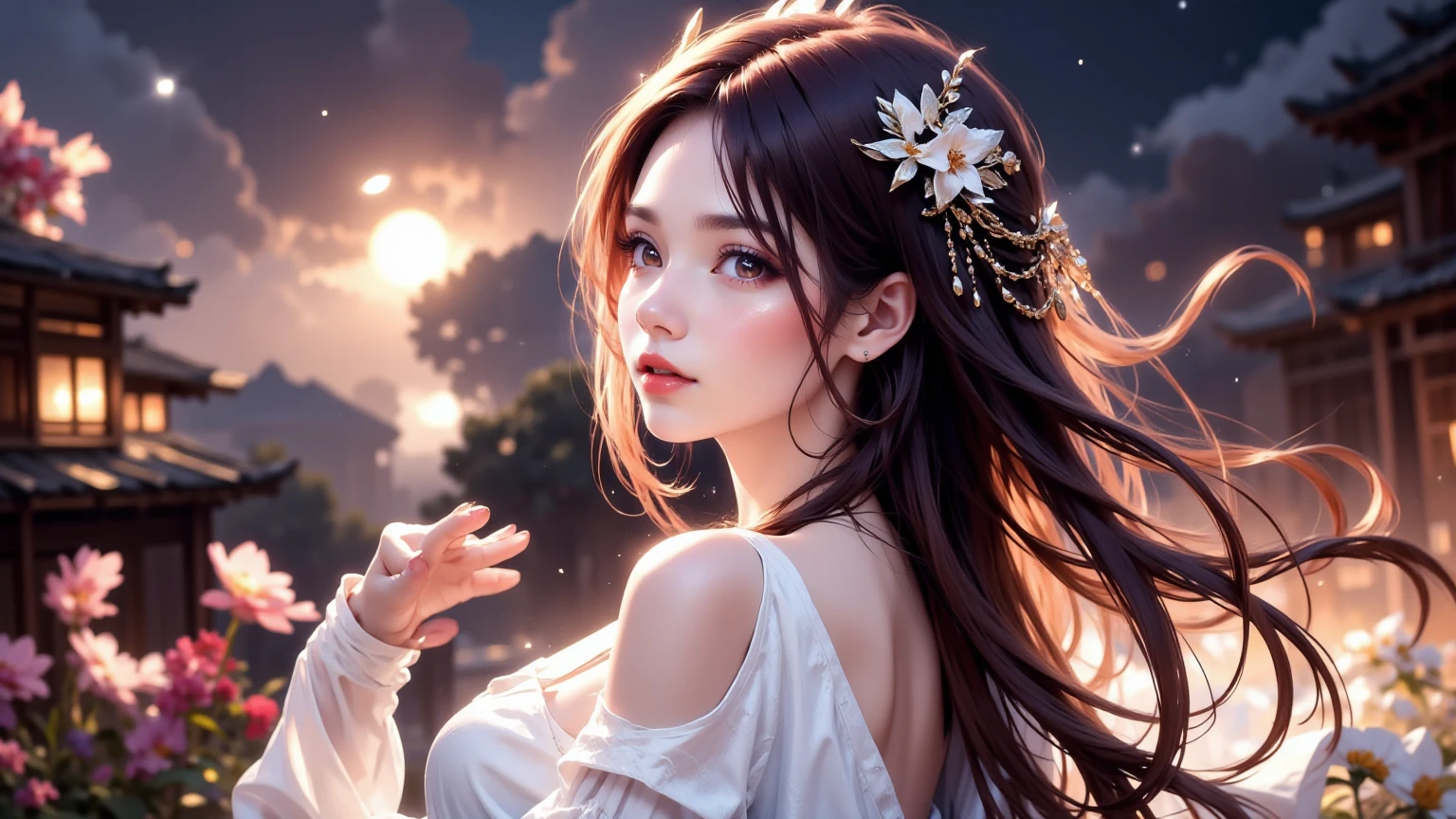 A woman with long hair sits with her hair hanging in the air,<lora:small_straw_hat_lbc:0.6>,(water bloom), (delicate glow), (breeze), long Flowers meadow,((sunset)), (less stars form a circle), randomly distributed clouds, (rivers), (willows with branches falling into the water),
