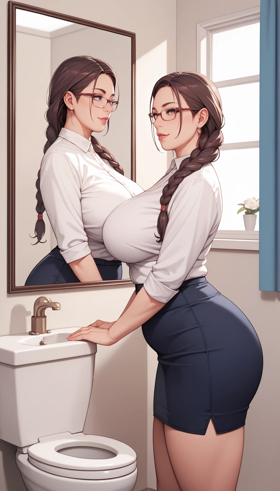  score_9, score_8_up, score_7_up, source anime,  "A naughty teacher, glasses, white teacher outfit, standing, facing the sink mirror, toilet, long braided ponytail, side view, plump, big breast, masterpiece, anatomically correct, super detail, high details, high quality, best quality, highres, 8k 