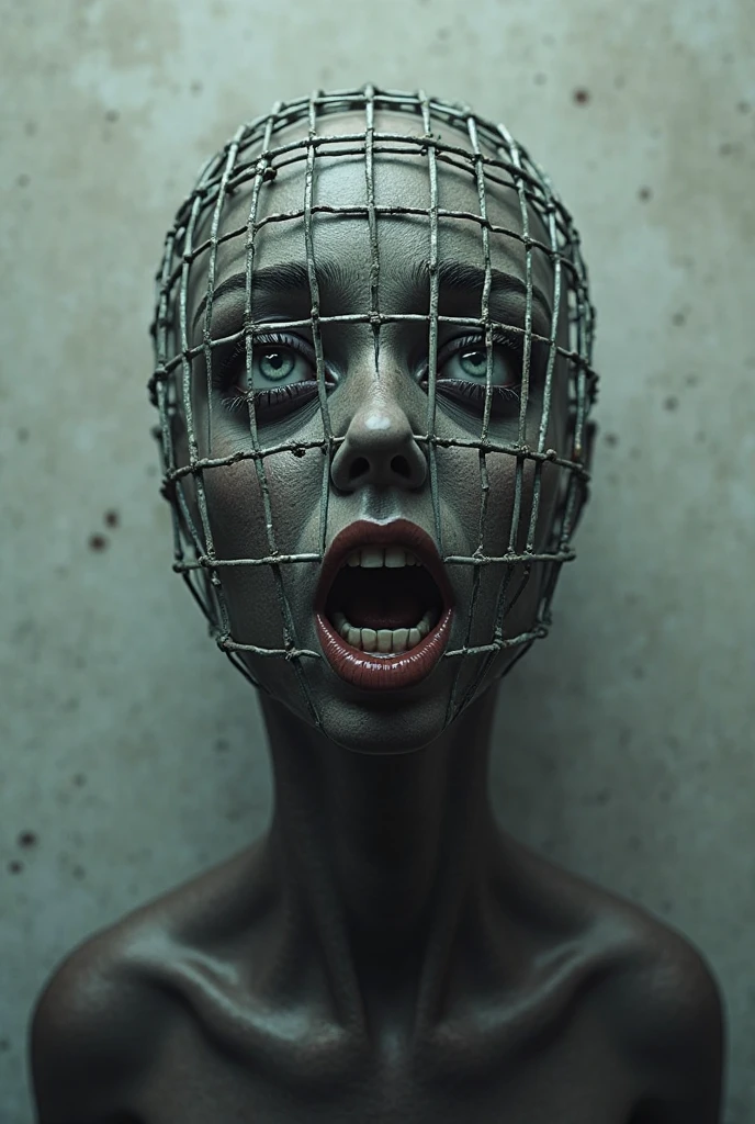 ((Very old photograph in sepia tone only)), Surreal and haunting digital art featuring a female humanoid figure with a bald head and a grid pattern of metal wires and chains covering her face and upper body. The figure's skin is pale in color, and she has hollow black eyes and an open mouth, giving her a frightening expression. The background is a collage of numerous small sepia-toned photographs, each framed and connected by chains, creating a complex and unsettling visual texture. The overall composition is dark and intricate, evoking a sense of confinement and dystopia. supernatural atmosphere of the scene, horrified, deceptive, insane, disturbing, shocking, vintage, old film:1.5), (inspired by Zdzislaw Beksinski and Wayne Barlowe), cgsociety, art deco, 1920s, hyperdetailed, 1920s Hellraiser film, digital illusions, photorealistic, artistic visuals inspired by Fritz Lang. ((motion picture film)), ultra-detailed, chiaroscuro, RAW photo, cinematic, artstation style, concept art, masterpiece, 8k, black and white, realistic textures, 3D rendering
