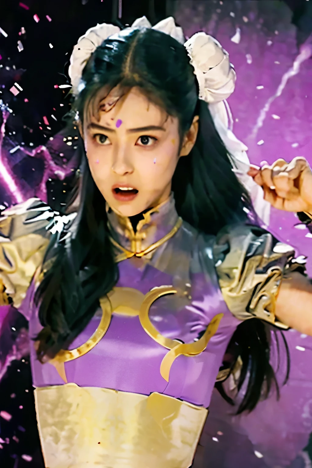 brainwashed by enemies, long hair, computer chip on the forehead(brainwashing device)was embedded, purple sparks are flying embedded, Purple pupils, fighting pose, expressionless, hyper real, photo real, shot on Canon EOS, HD,