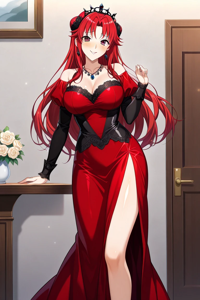 Highest quality、devil、Long Red Hair、Black Dress、Big Breasts、Lots of lace、Fluttering Skirt、red heels、Long skirt、The eyes are large、Lipstick is red、from the front、Draw the face clearly、Your hands are clean