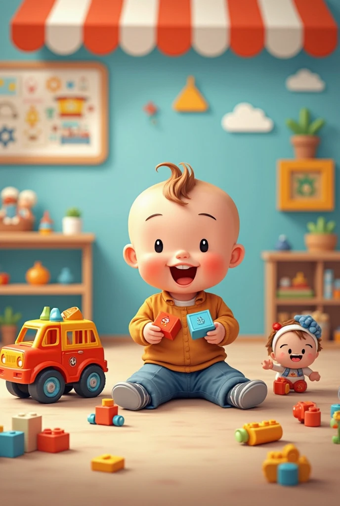 a cartoon baby sitting on a floor with happy face, and Rubik's Cube in hands and bunch of toys around him