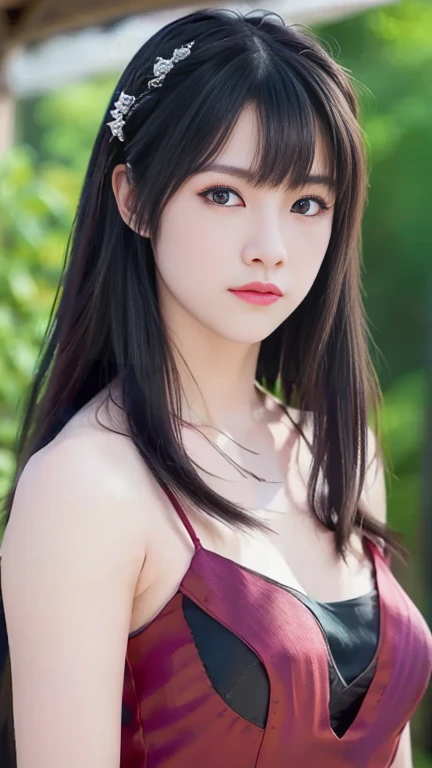 (masterpiece:1.4), (best quality:1.4), ultra high res, ultra high resolution, ((detailed facial features)), HDR, (realistic, photorealistic, photo-realistic:1.37), full body, sexy swedish model, (-anime), only 1 model, vivid colors, very short hair, beautiful smile, lip-gloss, long lashes, defined eyebrows, wearing large sparkling colorful jewelery, wearing a red silk Paradise Kiss cosplay dress with black floral embroidery, ((long fur vivid colors outfit)), vivid colors, look at the camera, cinematic light, large park background with trees, sweet and sexy pose