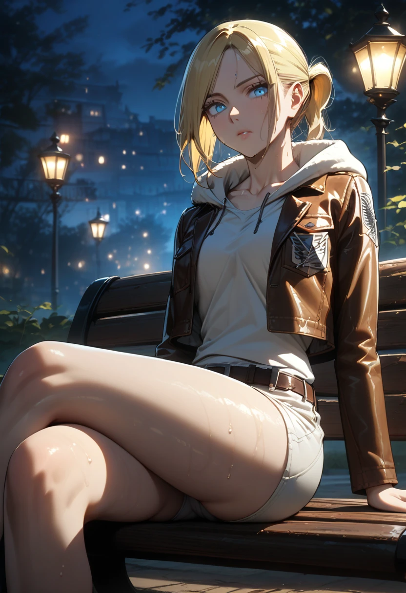 ayabrea，nsfw，highest quality，masterpiece，(big breasts)，fine skin texture，fine cloth texture，Super detailed，8k，intricate details，Panty shot，{{pantie}} ，1 girl，30 years old，blush，tight knit dress，blue jacket，sit，Hands on the floor，Stand up your left knee，(black knee socks)，