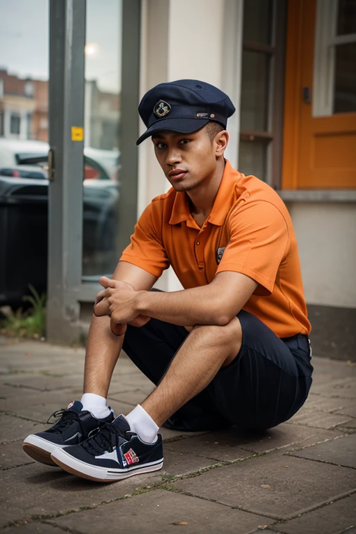Stunning 8k portrait photo of a 25 year old Indonesian man with dramatic effects, showing his slim body and casual clothes. He has short hair parted in the middle, and is wearing a black zip-up jacket, blue jeans, and black dress shoes. The man is sitting on a concrete bench in an old factory, surrounded by lush green grass, with a stunning mountain view in the background. The colors are bright, and the images are shot in a high-quality, cinematic style, creating a fashionable and artistic feel.