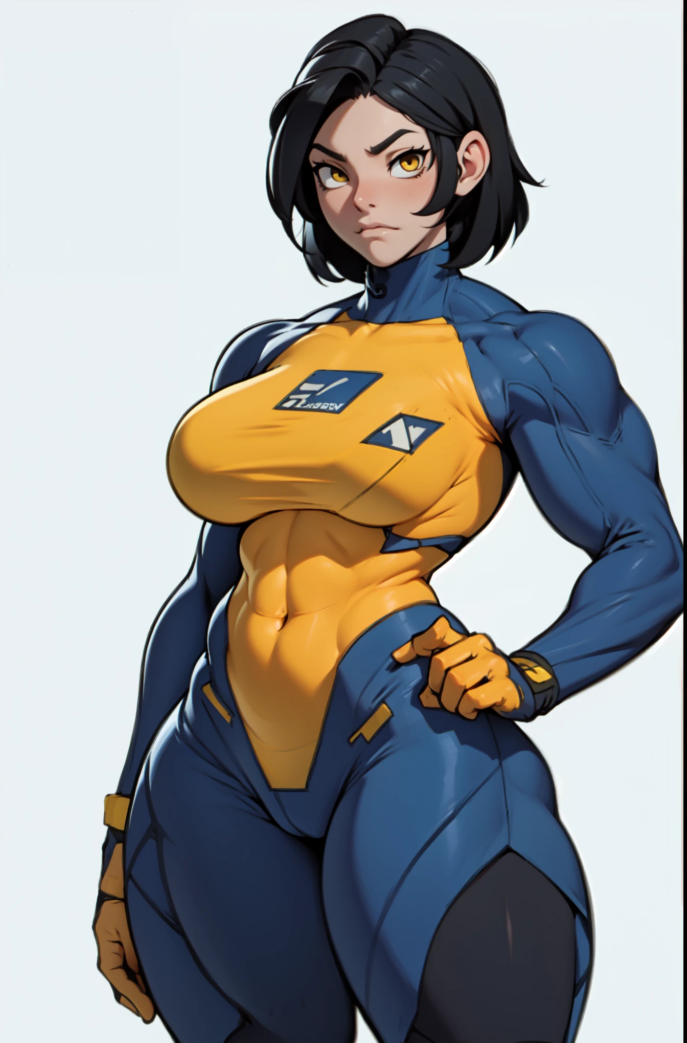 wide hips curvy thick thighs voluptuous large breasts muscular toned body black hair pale skin yellow eyes skintight suit expressionless sad thick thick thick