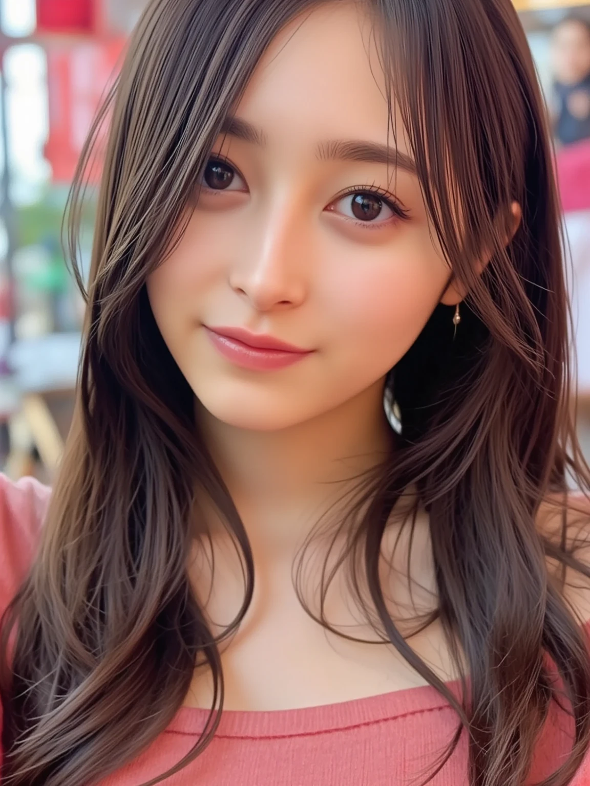 Symmetrical eyes:1.3、Long Brown Wavy Hair、Night view