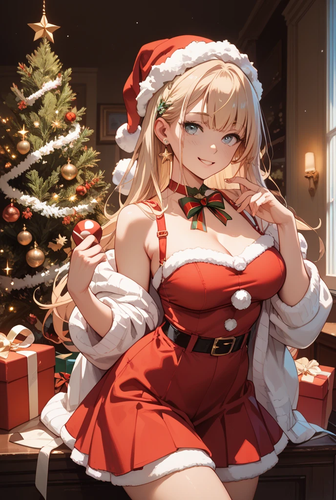 Masterpiece, best quality, 1girl, Navia, santa, santa hat, large breast, bare shoulds, long red gloves, self-open santa costume, sexy legs, bare legs, sitting, santa couch, christmas tree, christmas decoration and lights, gifts, sitting sexy pose, x-cross legs, pink lips, looking at viewer
