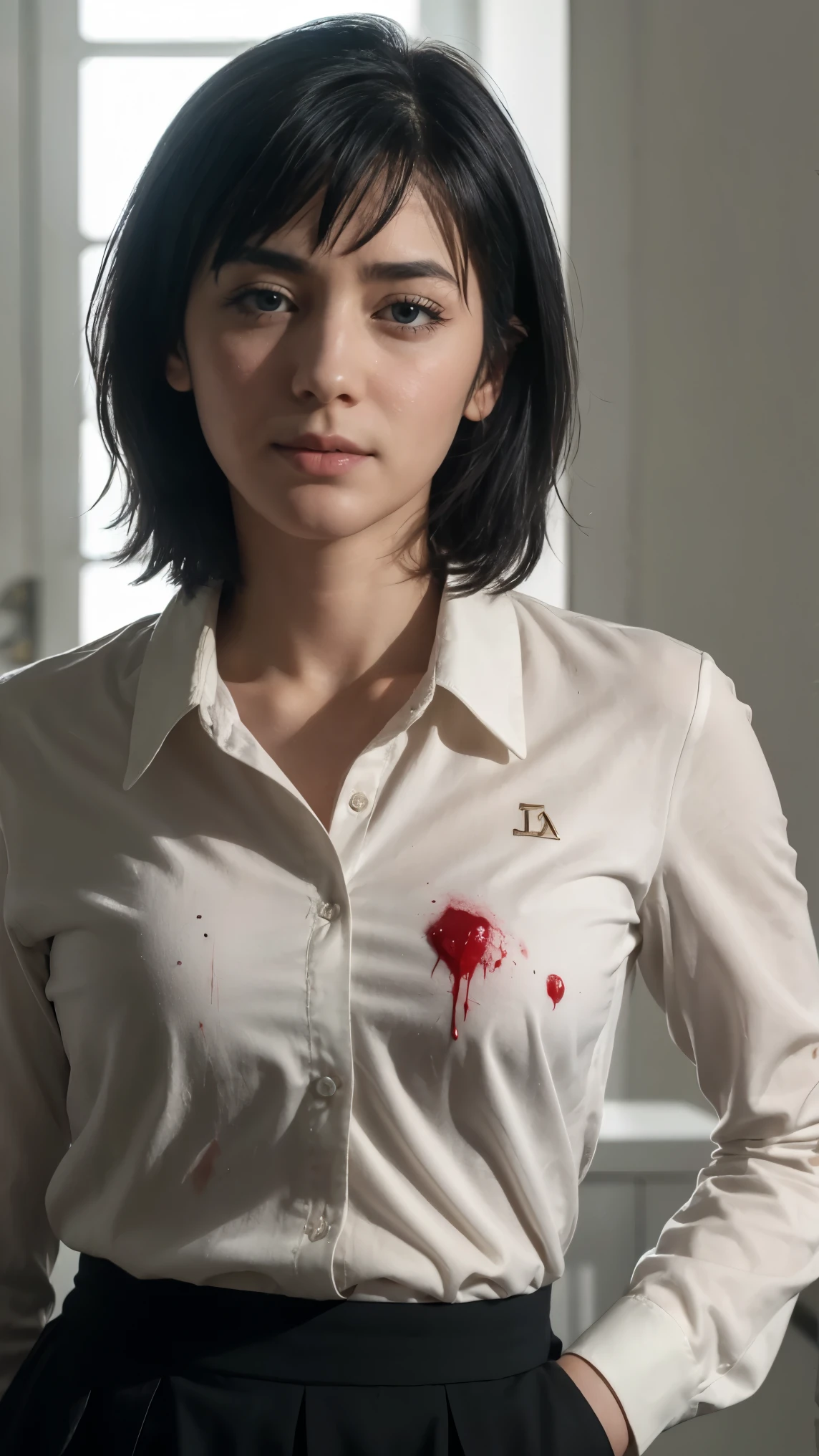 (masterpiece), best quality, expressive eyes, perfect face, himeno, chainsawman, Aqua eyes, short black hair, Greek Greece woman, nosebleed, wound, investigation background, thighs, depression face begging, slim, sweat, HD, CIA, white bra, high libido, open uniform, standing, pussy visible, shirt tucked in, agent, tall, blood from mouth, blood sperma through shirt uniform, CIA suit uniform, pains sadness, drool, swept bangs, makeup running, blood on clothes, ((CIA agent)), crest, coat of arms, chuunibyou, (blood splatter), crying, tears, cry sad face, blood, smile