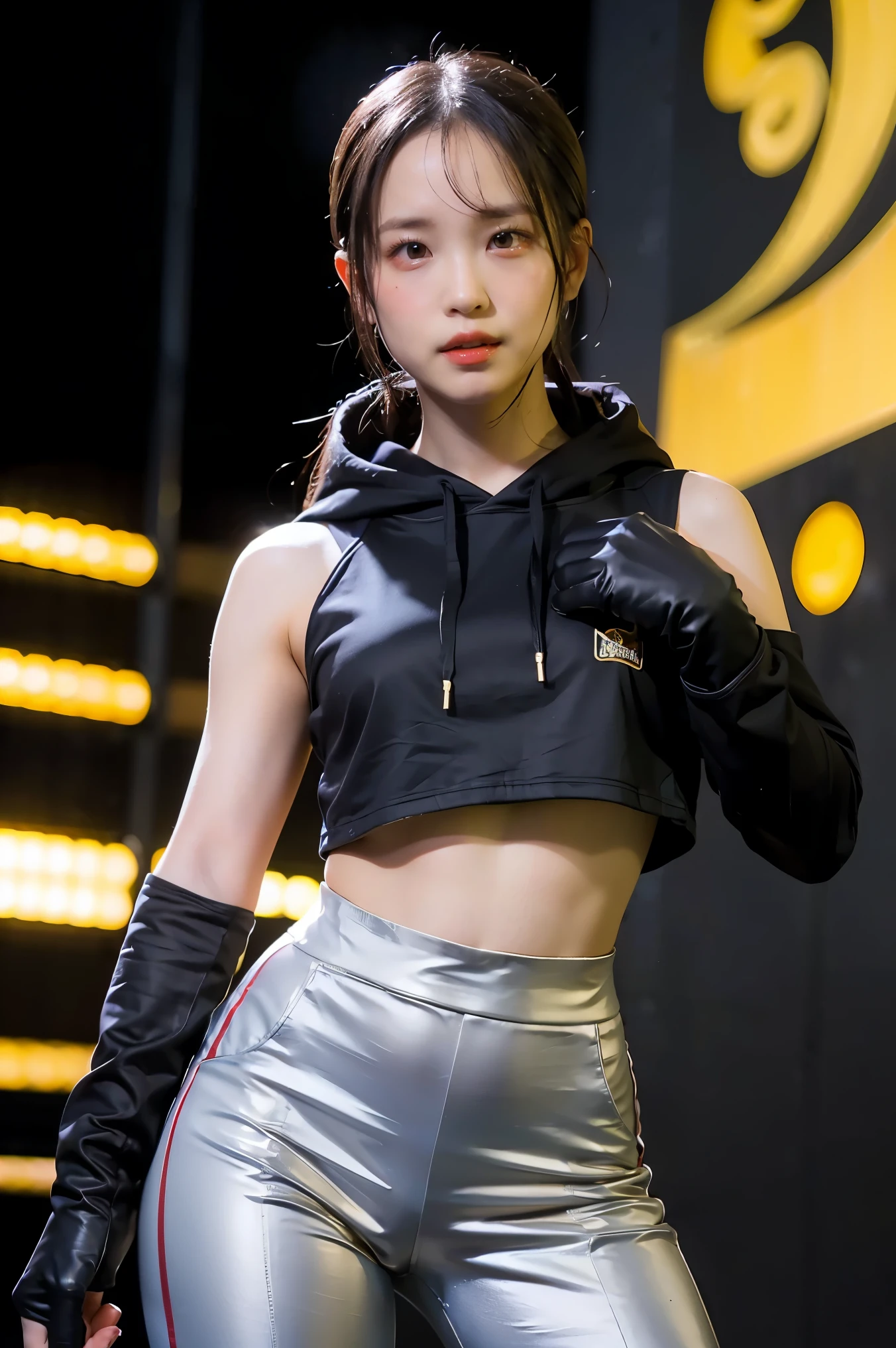 Mujer japonesa de piel blanca de busto grandes cuerpo completo perfecto con ropa casual negra y calzado deportivo blancos