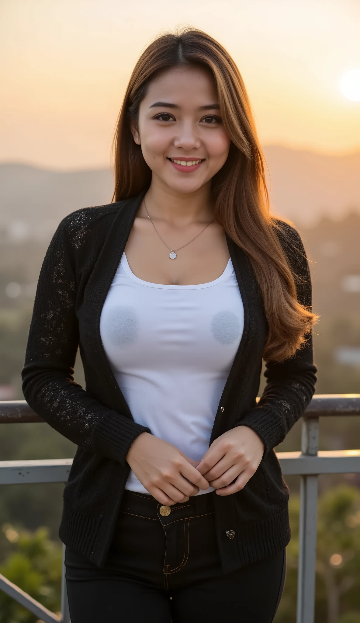 A beautiful indonesian female with long straight hairstyle,25 years old. indonesian face, highly detailed beautiful face and eyes, attractive face, charming face, Full body, chubby body, white skin, medium breasts, cleavage, anatomically correct, long straight hair, brown hair, hair covers ears. Wearing black jeans, white t-shirt and black cardigan, necklace. Background overlooking a beautiful mountains in afternoon, sunset, orange light in the sky. Standing on the edge of bridge, facing forward, look at viewer, smile showing teeth. Ultra detailed body, highly detailed appearance, hyper quality image. Highly detailed background. Hyper resolution. Ultra high realistic image. 16k. Ultra detailed