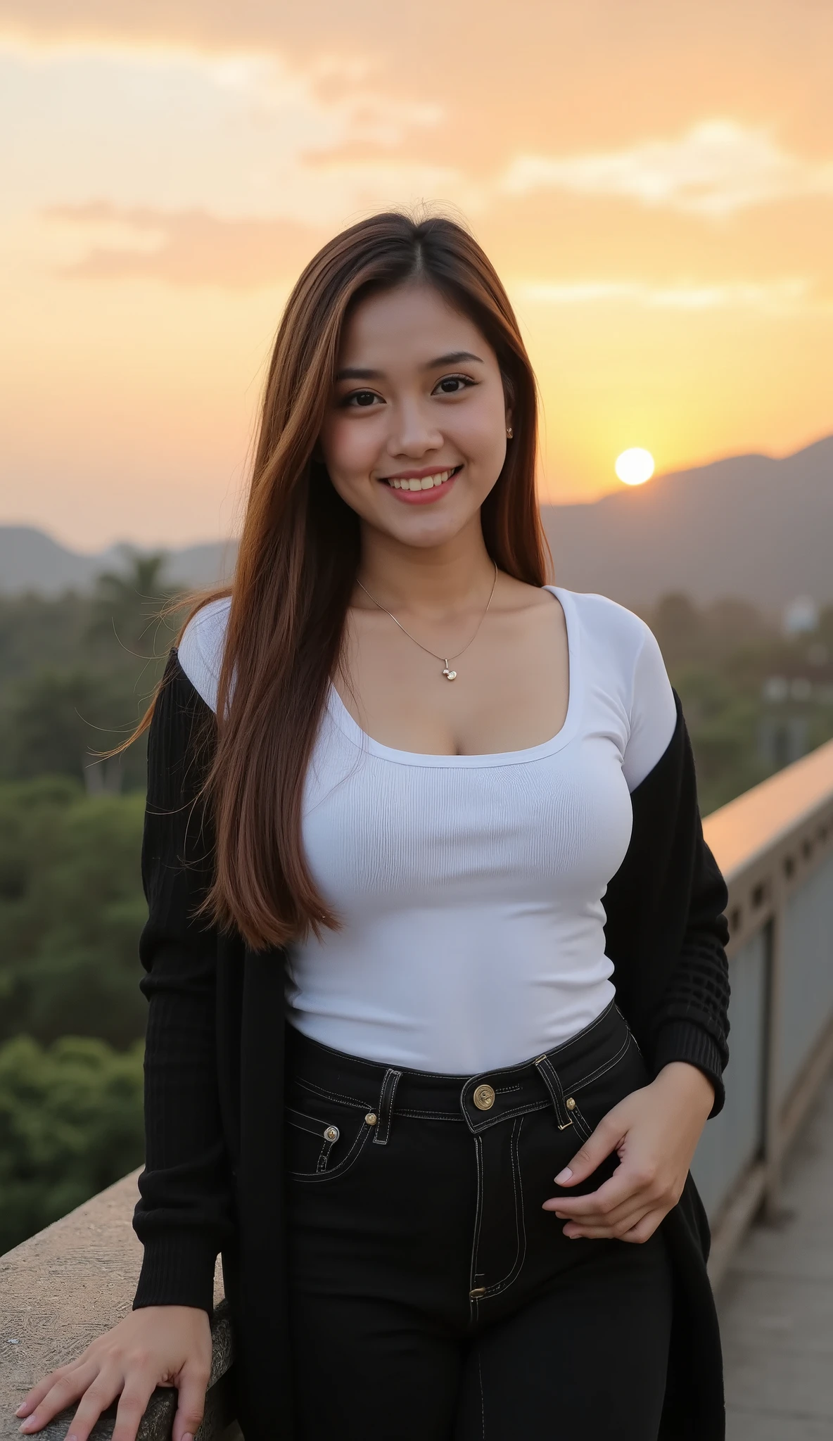 A beautiful indonesian female with long straight hairstyle,25 years old. indonesian face, highly detailed beautiful face and eyes, attractive face, charming face, Full body, chubby body, white skin, medium breasts, cleavage, anatomically correct, long straight hair, brown hair, hair covers ears. Wearing black jeans, white t-shirt and black cardigan, necklace. Background overlooking a beautiful mountains in afternoon, sunset, orange light in the sky. Standing on the edge of bridge, facing forward, look at viewer, smile showing teeth. Ultra detailed body, highly detailed appearance, hyper quality image. Highly detailed background. Hyper resolution. Ultra high realistic image. 16k. Ultra detailed
