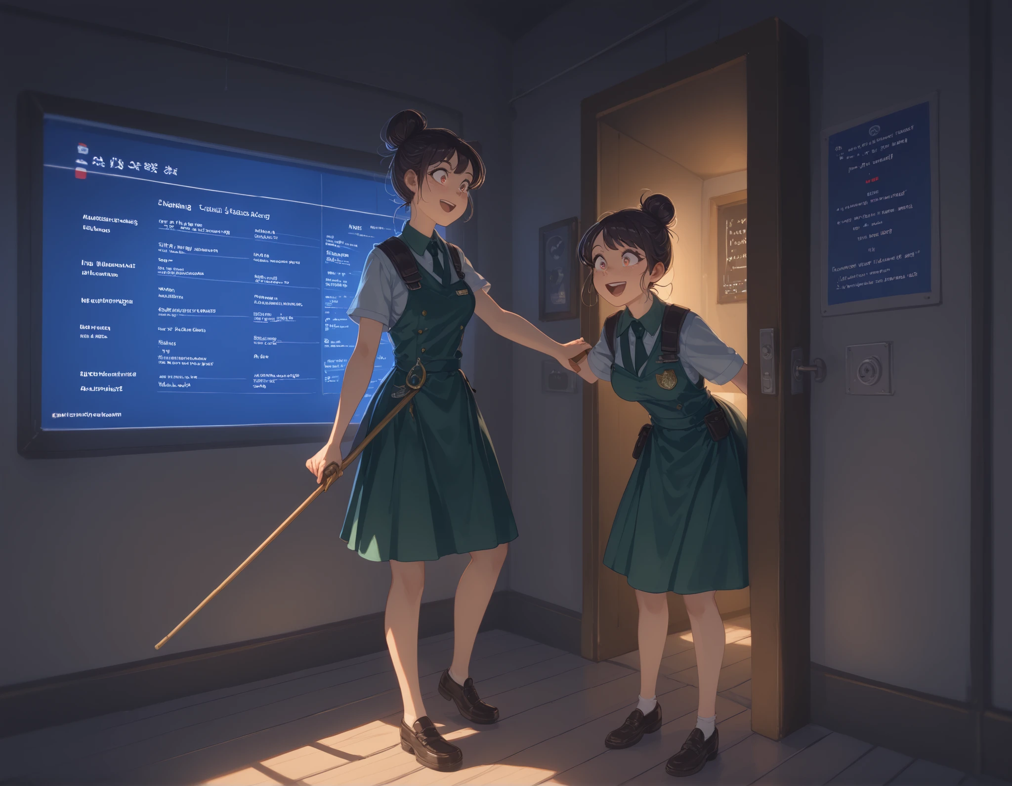 In a sterile SCP Foundation hallway, dimly lit by overhead sodium lights, two women encounter each other for the first time—The scene is quiet and emotionally charged, with a focus on subtle expression and body language.
Foreground Subject (Nina F.) – (1.0): A Hispanic woman, mid-30s, average height, lean build with a notably disproportionate and visibly heavy chest. She wears a modified SCP support staff uniform—gray with reinforced seams. Her dark hair is tied in a loose bun, and her expression is one of cautious awe. Her eyes are wide, hand half-raised as if reaching toward the figure ahead.
Midground Subject (Class-B Survivor) – (1.0): A very large, fully spherical woman supported by a custom mobility ring. Her features are soft, with dark eyes, short hair pinned back neatly. Her face is visible above the roundness of her form. Her arms rest on the upper curve of her own body. Her expression is gentle, surprised, and warm. She wears an adapted Foundation uniform stretched taut across her mass, with a badge that reads "Class-B Support – E. Contreras."
Environment – (0.7): The corridor is metallic, clinical, with sealed doors, observation windows, and an SCP warning placard faintly visible on the wall. Overhead lights give a low amber glow. The floor reflects faintly.
Tone: Stillness. Quiet realization. Muted emotion. Both women are captured in a moment of mirrored recognition and connection—neither fully smiling, but both changed by the meeting.