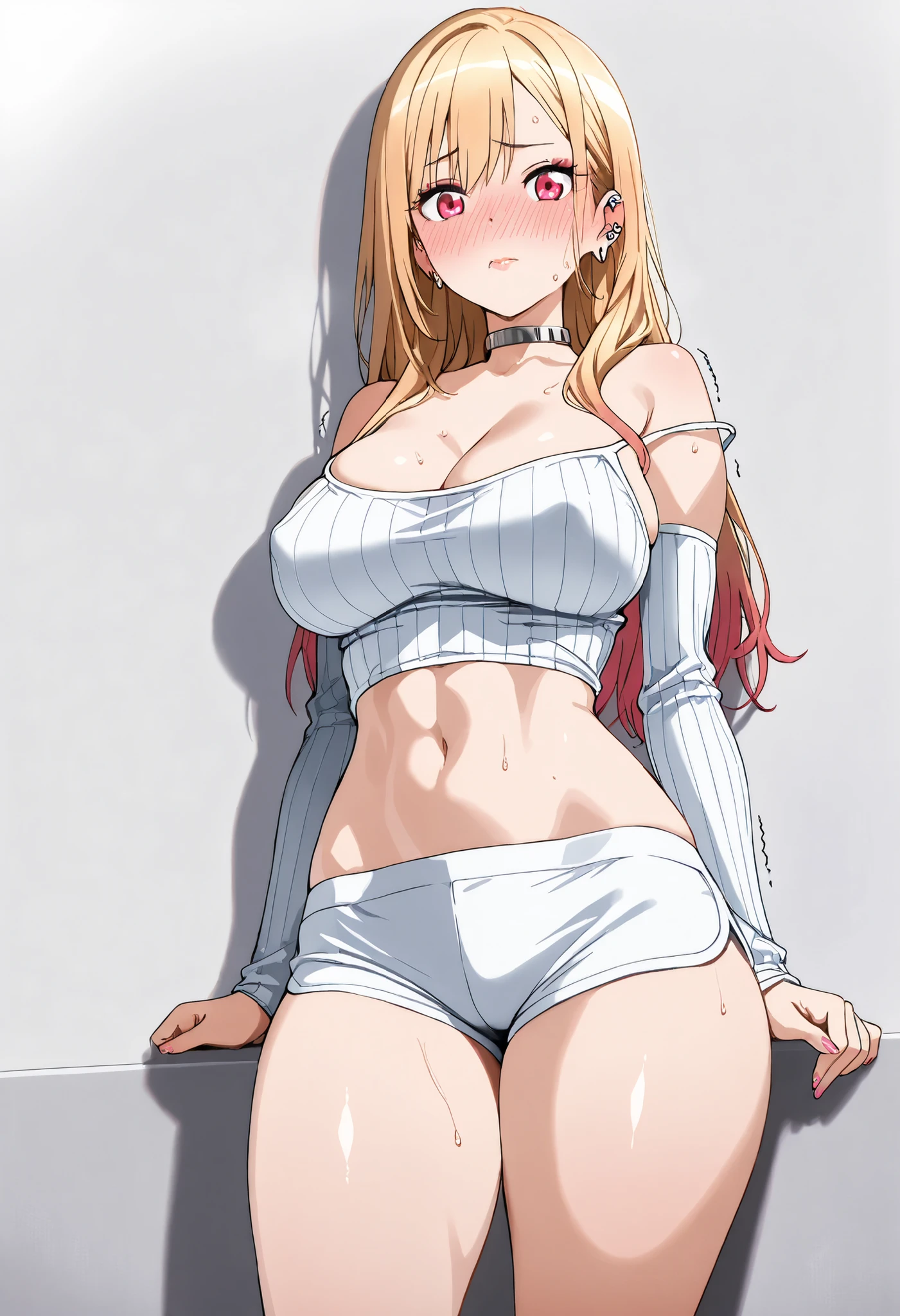 score_9, score_8_up, score_7_up, score_6_up, score_5_up, score_4_up, masterpiece, high quality, BREAK, 1girl, navel, midriff, rounded breasts, thick breasts, sfw, looking at viewer, nose blush, shiny legs, shiny body, shiny hair, clear skin, clear body, sweat, sweaty, sweaty:1.3, large breasts, white background, simple background, thick thigh, thick thighs, standing, nice legs, solo, multicolored hair, blonde hair, long hair, magenta eyes, ear piercing, earrings, pink nails, makeup, large breasts,, navel, midriff, cleavage, bare breasts, tight clothes, thick thigh, strap slip, a shy, busty anime girl standing against a wall, blushing heavily, slightly sweating, embarrassed expression, eyes looking slightly down, lips trembling, tight long-sleeve ribbed top showing large chest and nipple outlines, metallic choker on neck, exposed toned midriff, short athletic shorts with white trim and drawstring, thick thighs, soft glossy skin, detailed shading, soft light casting shadow on the wall behind, realistic anime style, ultra-detailed, 8k, masterpiece, highly detailed, , clean background