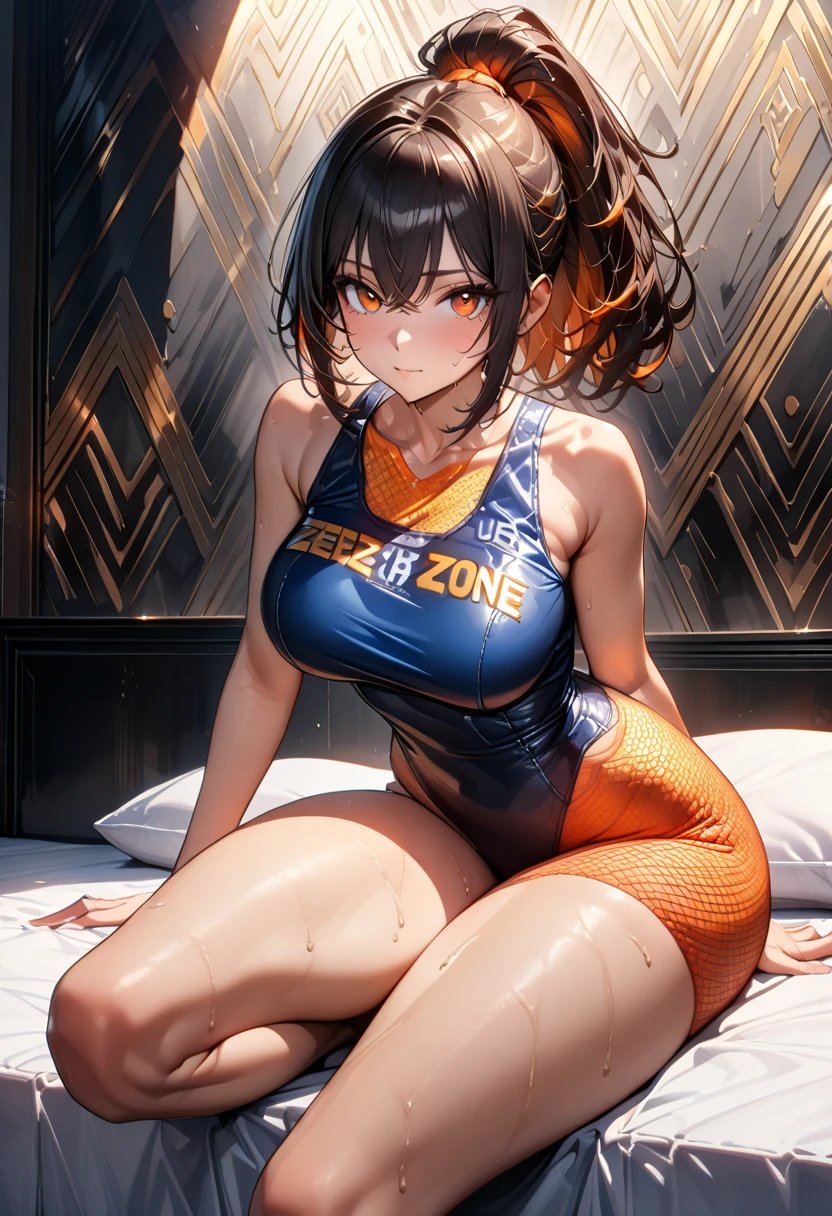 1woman, fit-muscled body, medium breast, bright yellow eyes，dark blue hair , blue eyes, With round lenses, The audience watched carefully, (s face: 1.2), Perfect female figure, ((yellow Tight crop top yellow leather suit),  ((Bonifasko lighting)), (The round lenses on his eyes)(詳細な目), Perfect student,  (best quality,16K ultra-fine CG wallpaper,masterpiece:1.2,excellent image quality,super-detailed),(exquisite lighting and shadow,subtle and beautiful),(realistic smooth skin,bright face),(18K close-up perfect display),(adorable girl wearing a perfect sleeveless shirt and a long skirt),(lying face down on a big white bed),(eyes like colorful gemstones)