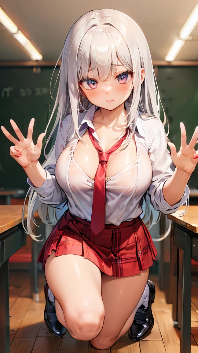 [1girl, black hanekawa, monogatari \(series\), cat ears], (throw_hand, pink vibrator remote switch in throw_hand, throw:1.2), Highest quality, Super detailed, masterpiece, Ultra-high resolution, 8K, Ridiculous, Cowboy Shooting, Blurred, One girl, Focus on the girl, Embarrassing, blush, Lovely, Close one eye, With tears in her eyes and her mouth open, What saliva leaves behind, Wet skirt hem, (Sticky panties:1.1), Bulging of the vibrator cord, Vibrator with Garters, (cleavage), Classroom Background, The skirt is accidentally exposed,(large breasts), (crop top navel), (waist line), Accidentally exposed panties