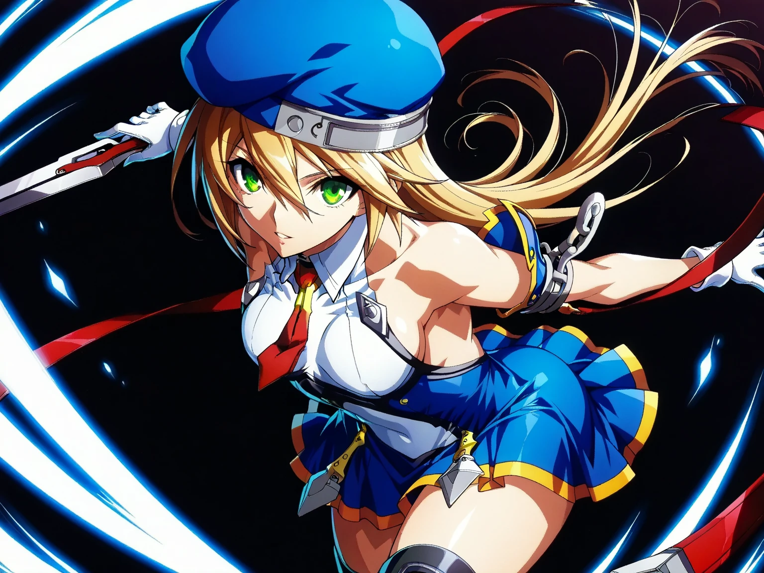 masutepiece, Best Quality, 1girl in, (((Falling from the sky))), Flying, Solo, Long hair, Looking at Viewer, Bangs, Blonde hair, Large breasts, Red Eyes, gloves, bow ribbon, Bare shoulders, Very long hair, Hair Ribbon, Ponytail, Leotard, a black ribbon, Red Belt, Floating hair, magical little girl, gauntlets, Black Leotard, Low ponytail, Cool, Iron Boots, metal boots, black thighhighs, Magic, thunder,