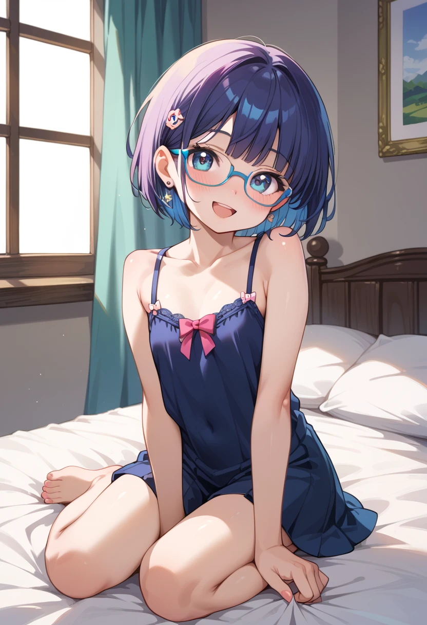 small breasted girl, short, elementary school student, blue hair, fishtail braid, blue eyes, round eyes, shy, shy, , short, young face, short height, , glasses with no edges,Lingerie Set,bed,bed,lying on back