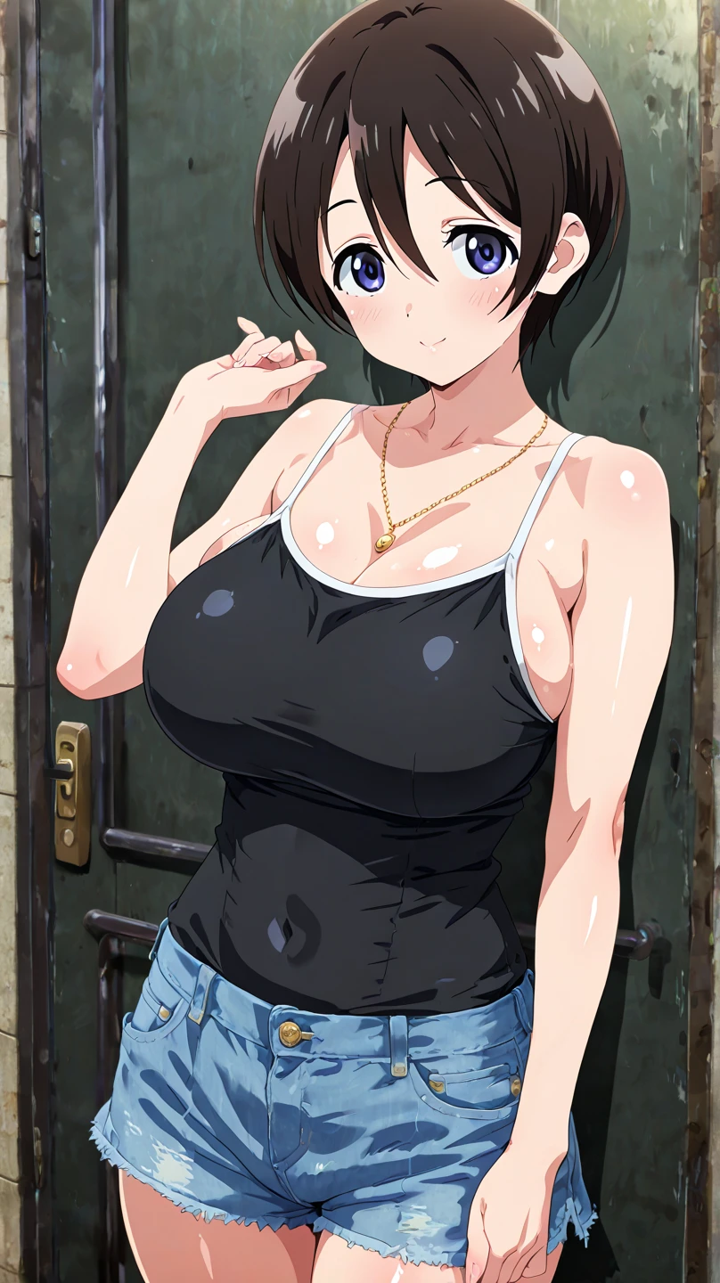 ((masterpiece)), (Highest quality), (detailed), (1 Girl),Brown Hair、Bob Hair、hair band、Huge breasts、(Boob Tent:1.2)、forehead、stand、The whole body is visible、Heather grey cropped tank top、Cleavage、Black shorts
