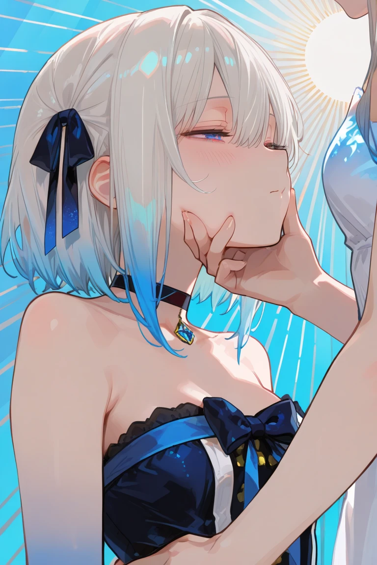 beautiful, masterpiece, Highest quality, anime, One girl, C Cup,Portrait Shot, View your viewers, Covered、Short Hair、nearby、Blue Eyes、art、、White hair,Blue streaked hair、hairpin、Cute Shy、Thighs、Cute、blue sky、Beautiful breasts、Full Harness、valley、Nipples、Pussy、Sweat、Under Harness、Body Harness、Nude、Tightening、Penetration、Tortoiseshell binding、Bondage、bondage、handcuffs、Lying on your back、studio、Double Peace、heart hands、With a thick paint