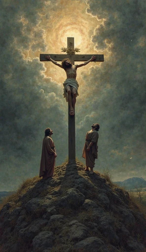 Please create an image of a man hanging on a cross, other than Jesus, an expression of suffering, with Roman soldiers around him, and people looking around, a scene seen from a middle distance, with details that refer to the historical environment. Ultrarealistic, oil painting, 8k.