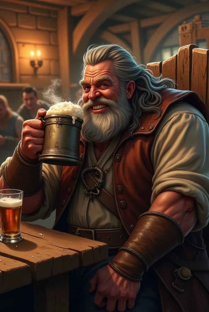 OLD MAN WITH LONG WHITE HAIR, STRONG, WITH A MUG OF BEER IN ONE HAND. HE IS SMILING. HE IS HANDSOME.