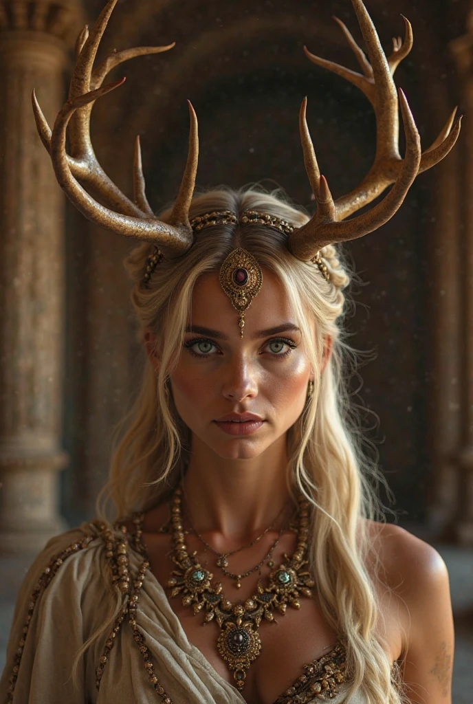 Create an image of the Goddess Artemis as a young lady, The Greek Goddess of the Hunt. She must be positioned in a natural landscape, with trees , and rocks. A Goddess Artemis must be represented as a young and strong woman, with long dark blond hair , that fall on her back like a waterfall.  Her eyes must be grayish blue and deep, with an expression of wisdom and compassion. She must be dressed in a white tunic (classic greek style tunic), in her right hand, she is holding a large white milkcap mushroom in her right hand. she is wearing a golden diadem with a moon seal, and a emerald necklace around her neck. A beautiful deer is standing right next to her. The image must have a realistic and detailed style, with textures and shadows that give depth and dimension to the scene. The color must be soft and natural, with shades of green , brown and silver that evoke the serenity and beauty of nature. realistic style, with natural colors, 