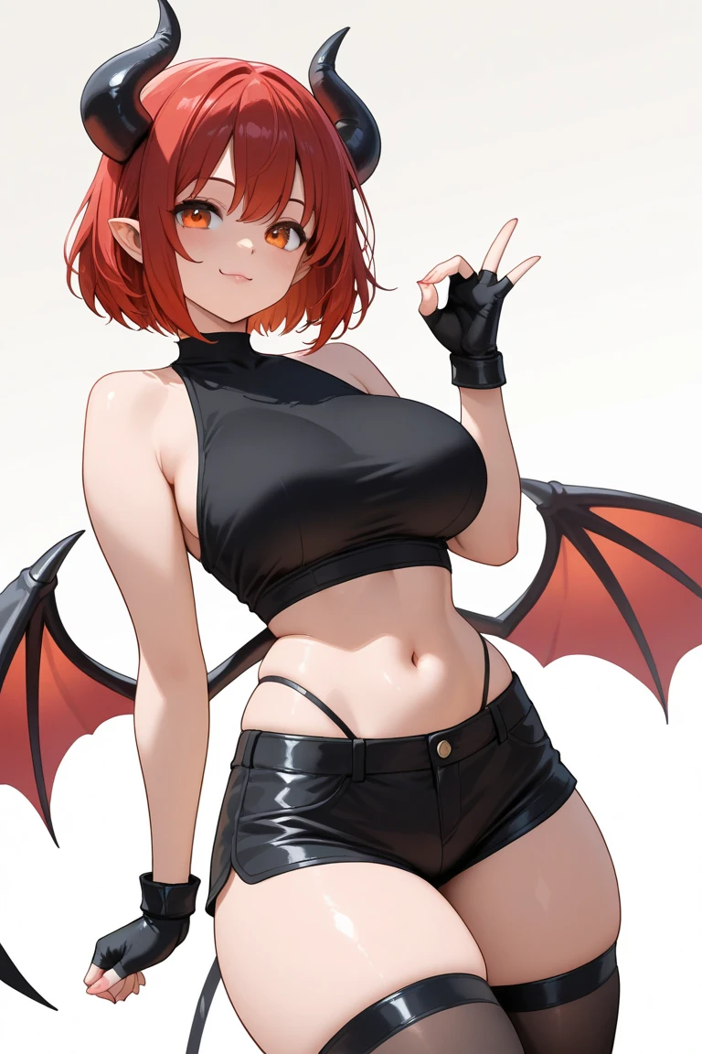 underdressing，indifferent，Red Eyes，Sweat，Soaked，liquid，transparent，Expression of disgust，Back，Cropped tops，Leather Shorts，succubus
