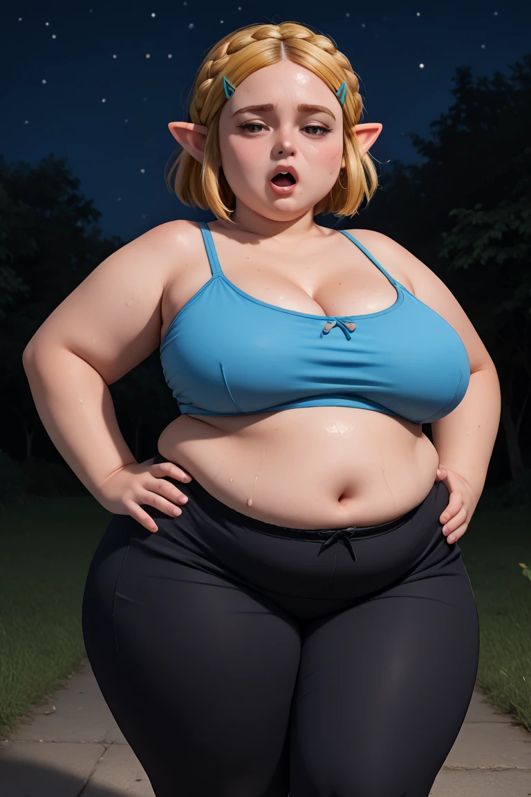 Masterpiece, Highest quality, Ultra-detailed, Highest resolution, 32K quality, Dynamic, (Long pointy ears), (Blonde elf), (Obese: 1.5), (Super curvy: 1.4), (Super voluptuous: 1.3), Floral leggings, Gym, Barbell, (Lots of sweat: 1.5),