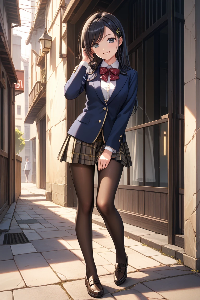 very cute and beautiful girl,(highly detailed beautiful face and eyes:1.2),(smile:1.2),happy,cowboy shot,
(brown jacket:1.2),collared shirt,plaid bowtie BREAK detailed legs,zettai ryouiki,brown shoulder bag,
stylish pose,hair pin,black hair,(blue plaid mini skirt:1.2),(skirt fluttered in wind,white panties),stone gate,school entrance,colorful rose flowers,
(best quality,masterpiece:1.2),absurdres,highres,ultra-detailed,extremely detailed,32k,8k resolution,
intricate details,cinematic scene,detailed background,solo,dynamic angle,
hair fluttering in the wind,beautiful detailed sky,