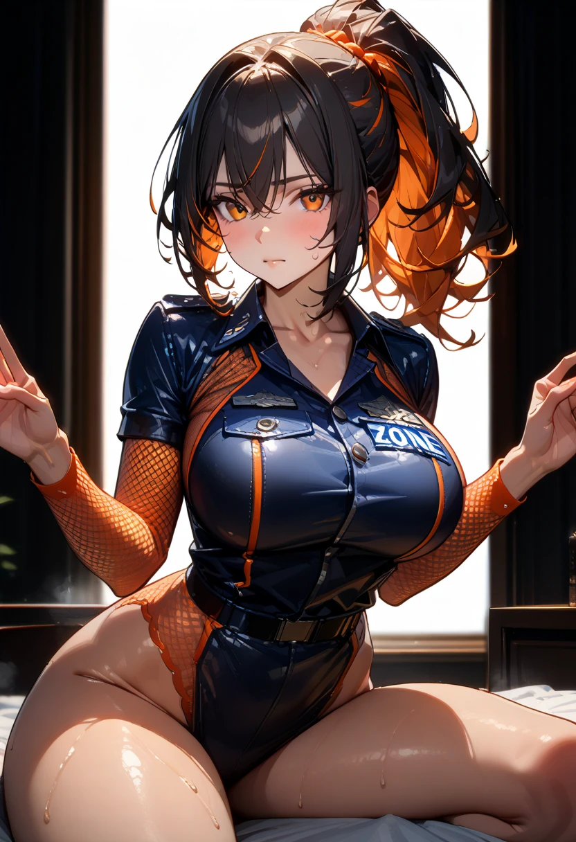 Wrestling, wwe, girl standing in ring, wwe ring, sweating, girl with black , ponytail curvy body cleavage, big boobs, blush, hot, wwe outfit, wrestling outfit, inside ring, wrestling, red eyes, black hair, wrestling outfit, blush, flustered, thicc, sitting on ground, sitting, sitting on floor, in pain, orange outfit