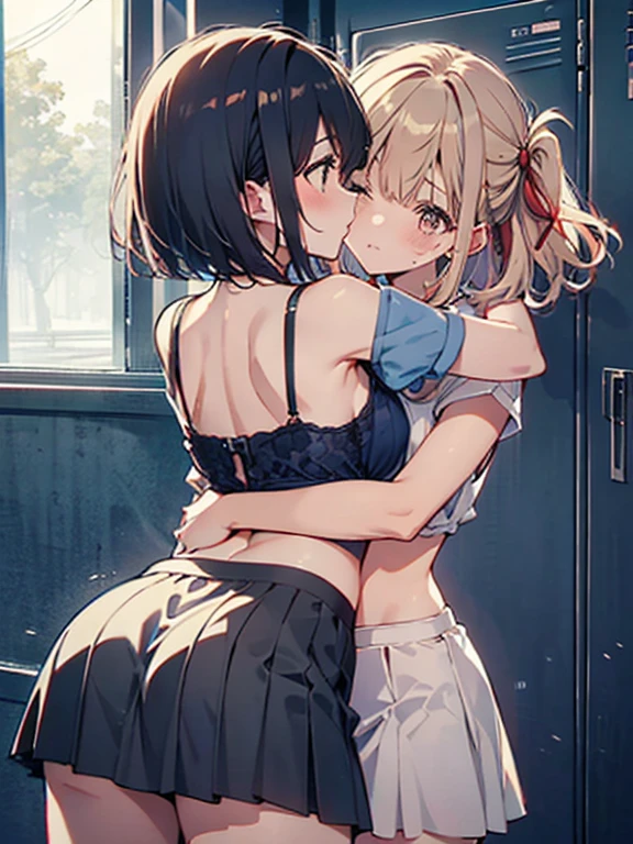 Anime painting,In the back alley,A young girl with blonde twin tails and a girl with black bob hair,Highest quality,masterpiece,(((2girl,having sex))),Two young and 10 year old girls have intense lesbian sex,Obvious flat chest,Visible genitalia,Tears flowing,Her clothes are in disarray and her breasts are visible